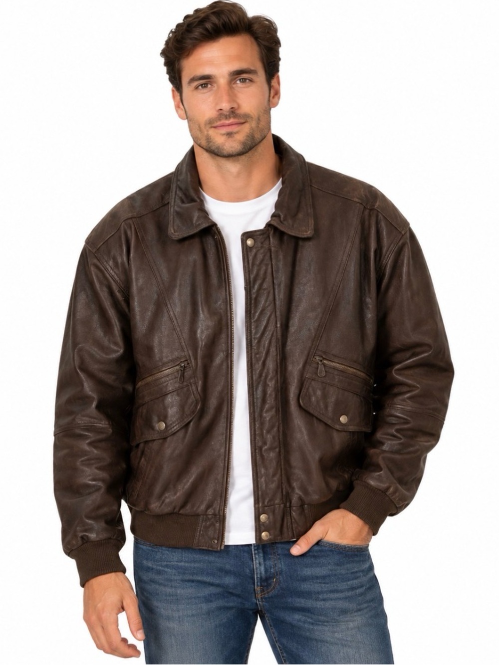 Vintage Roundtree & Yorke Men's Leather Bomber Jacket Brown Winter Size Large